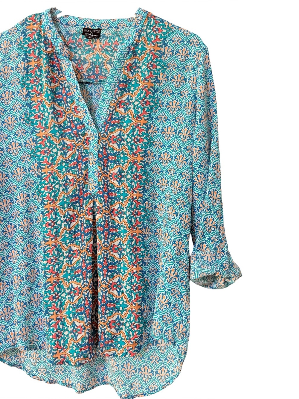 100% Silk Nicky Hilton x Tolani  Aqua Teal Boho V-Neck Blouse Size Medium